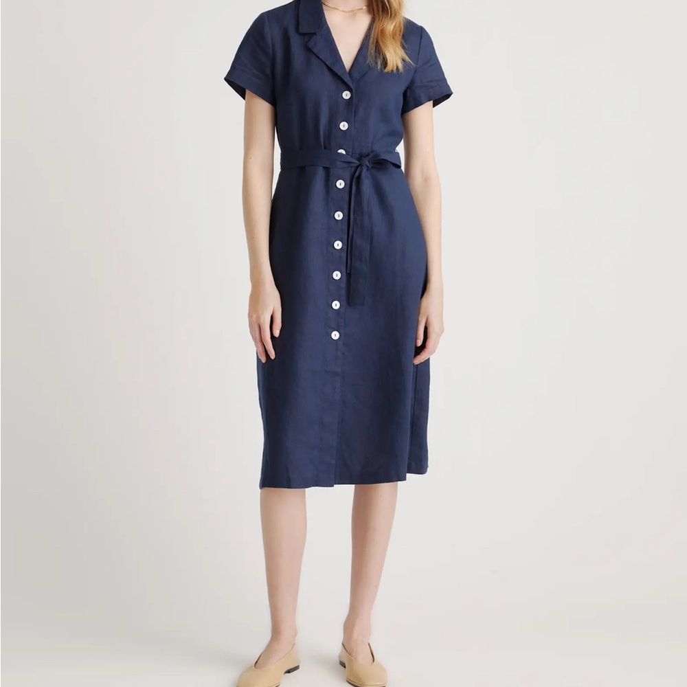 Quince 100% Linen Button Dress Navy Blue Medium